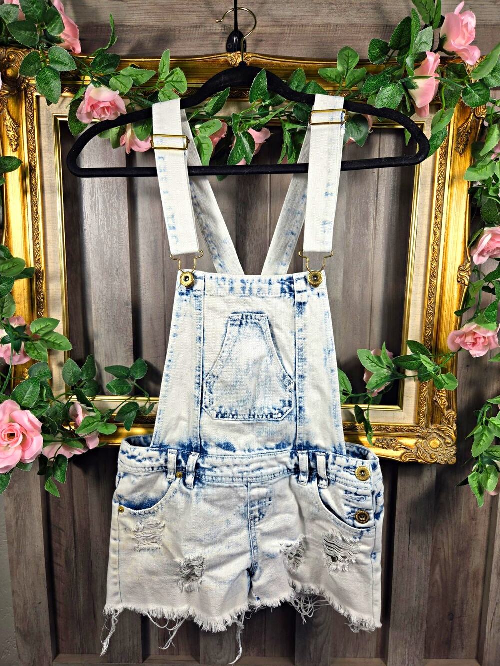Highway Jeans Womens 0 Acid Wash Denim Short Overalls Distressed Cutoff Overall